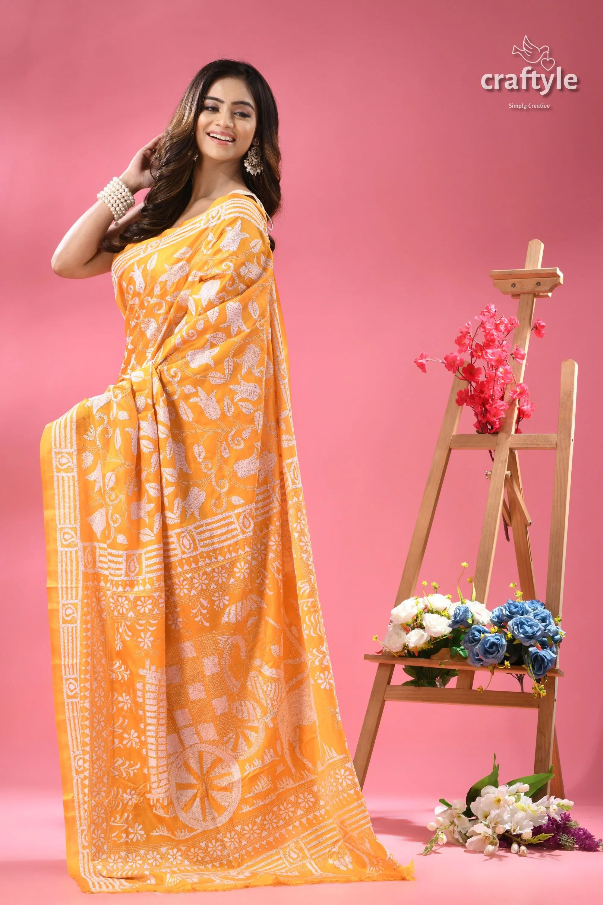 Corn yellow artisanal silk kantha saree - bullock cart design cheerful yellow saree white floral 6