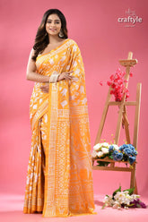 Corn yellow artisanal silk kantha saree bullock cart design woman vibrant yellow white patterned 1