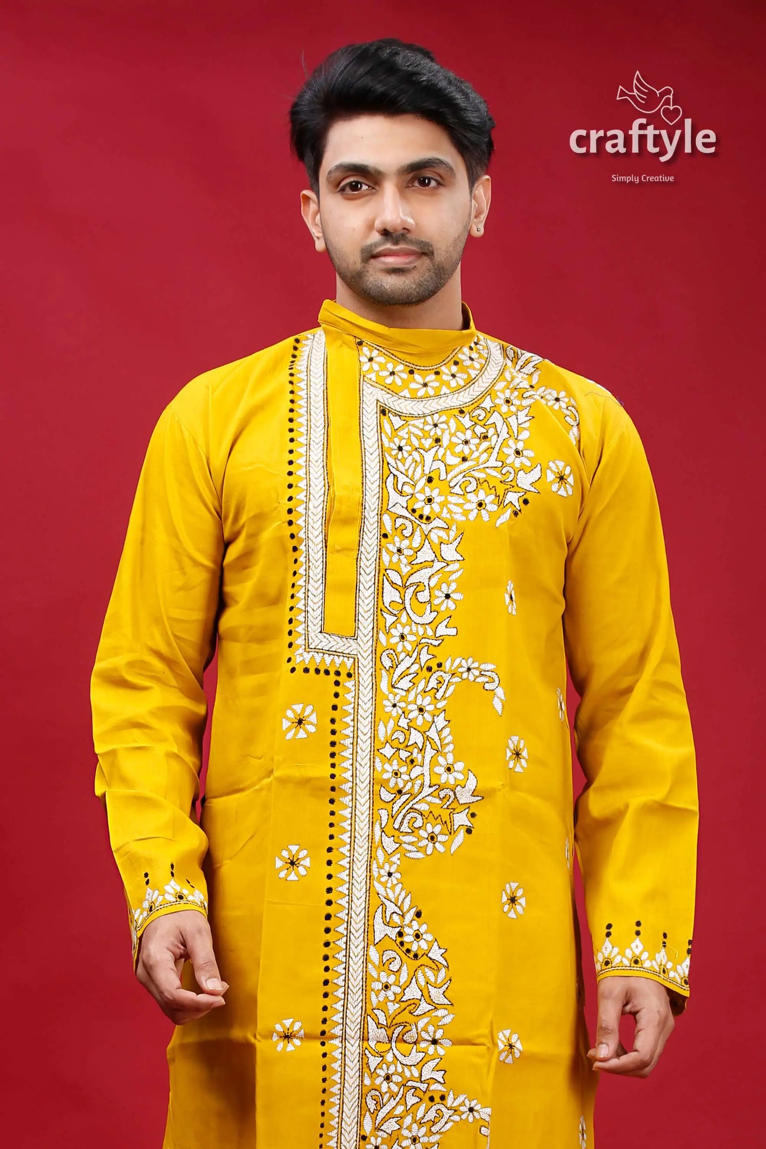 Corn yellow kantha hand embroidered gents kurta yellow embroidered kurta 2