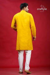 Corn yellow kantha hand embroidered gents kurta yellow kurta white pants 5