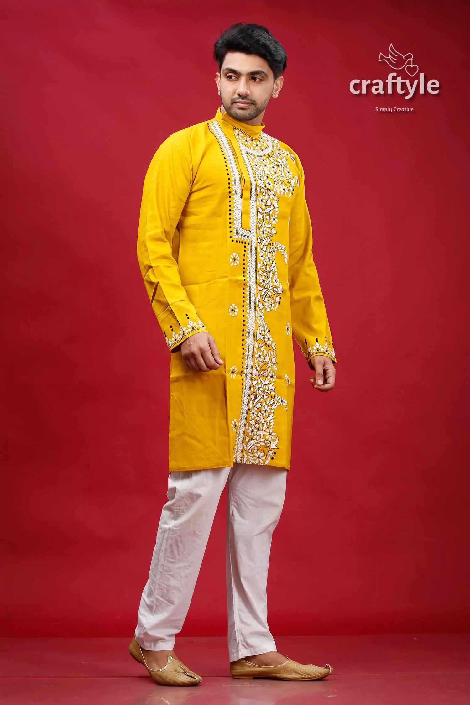 Corn yellow kantha hand embroidered gents kurta yellow embroidered kurta white pants 4