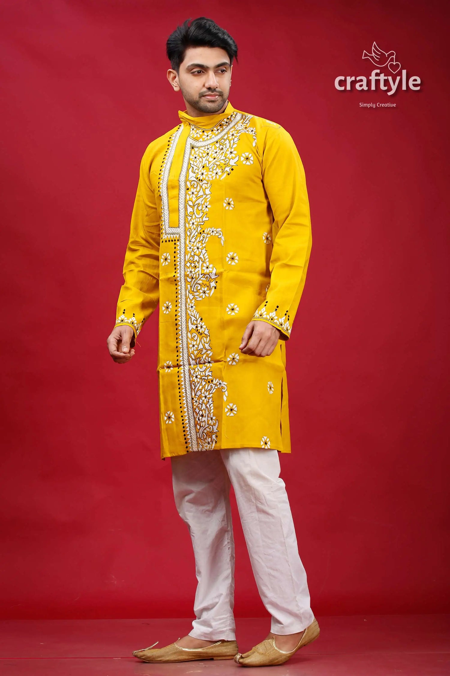 Corn yellow kantha hand embroidered gents kurta yellow embroidered kurta white pants 3
