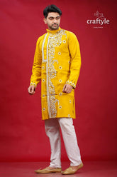 Corn yellow kantha hand embroidered gents kurta yellow embroidered kurta white pants 3