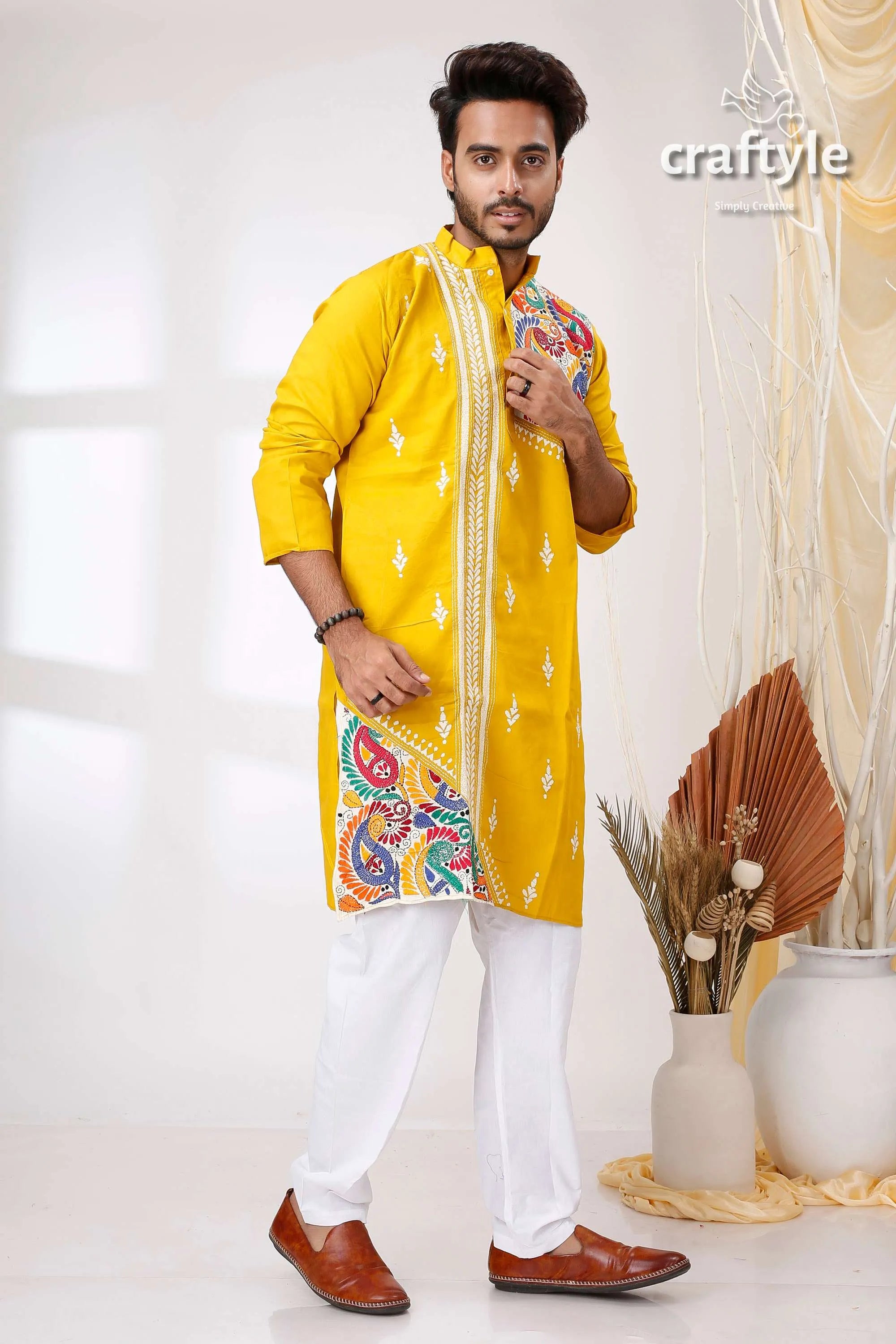 Corn yellow kantha stitch hand embroidery gents kurta vibrant intricate multicolored 4