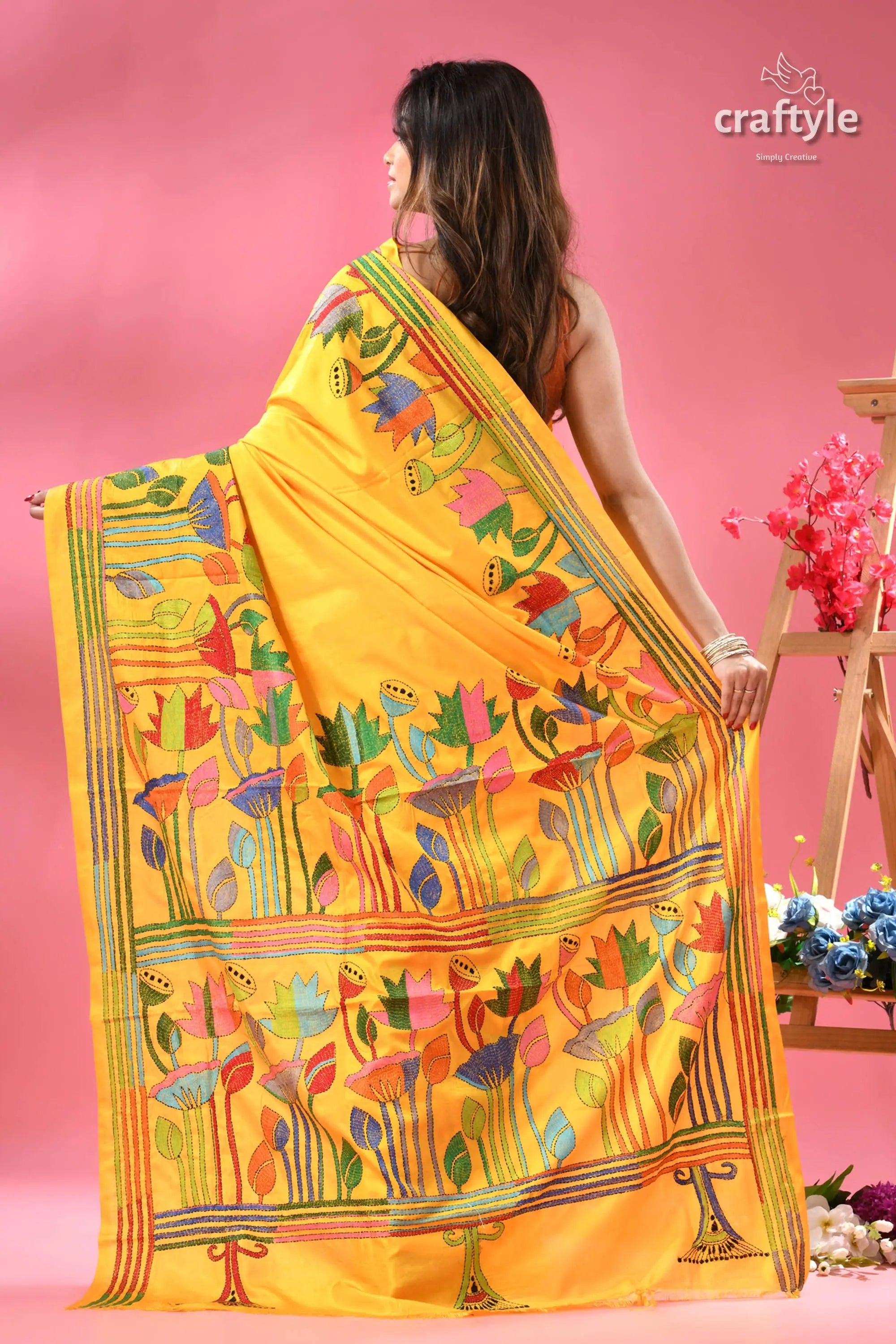 Corn yellow lotus motif bengal silk kantha stitch saree vibrant hand painted silk saree 4
