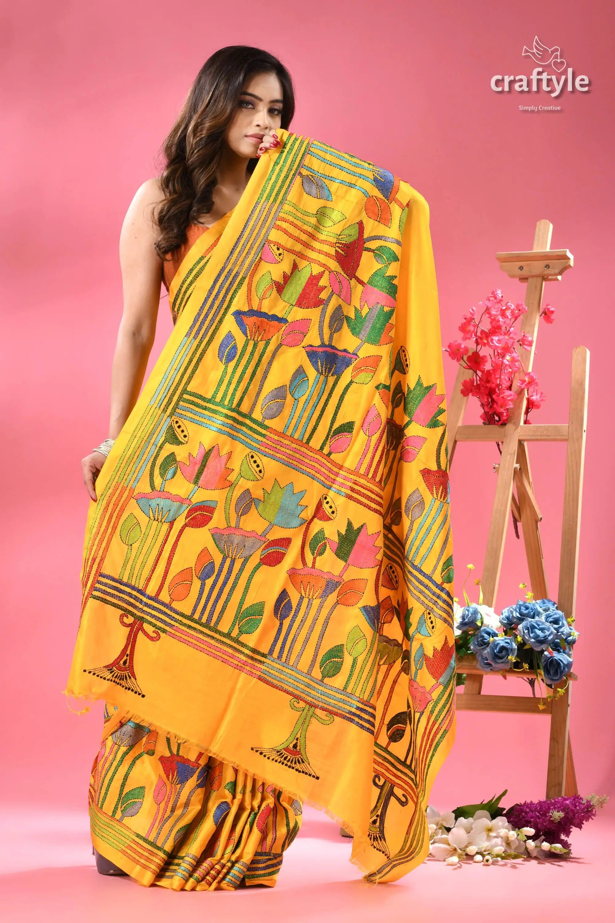 Corn yellow lotus motif bengal silk kantha stitch saree woman vibrant saree colorful 5