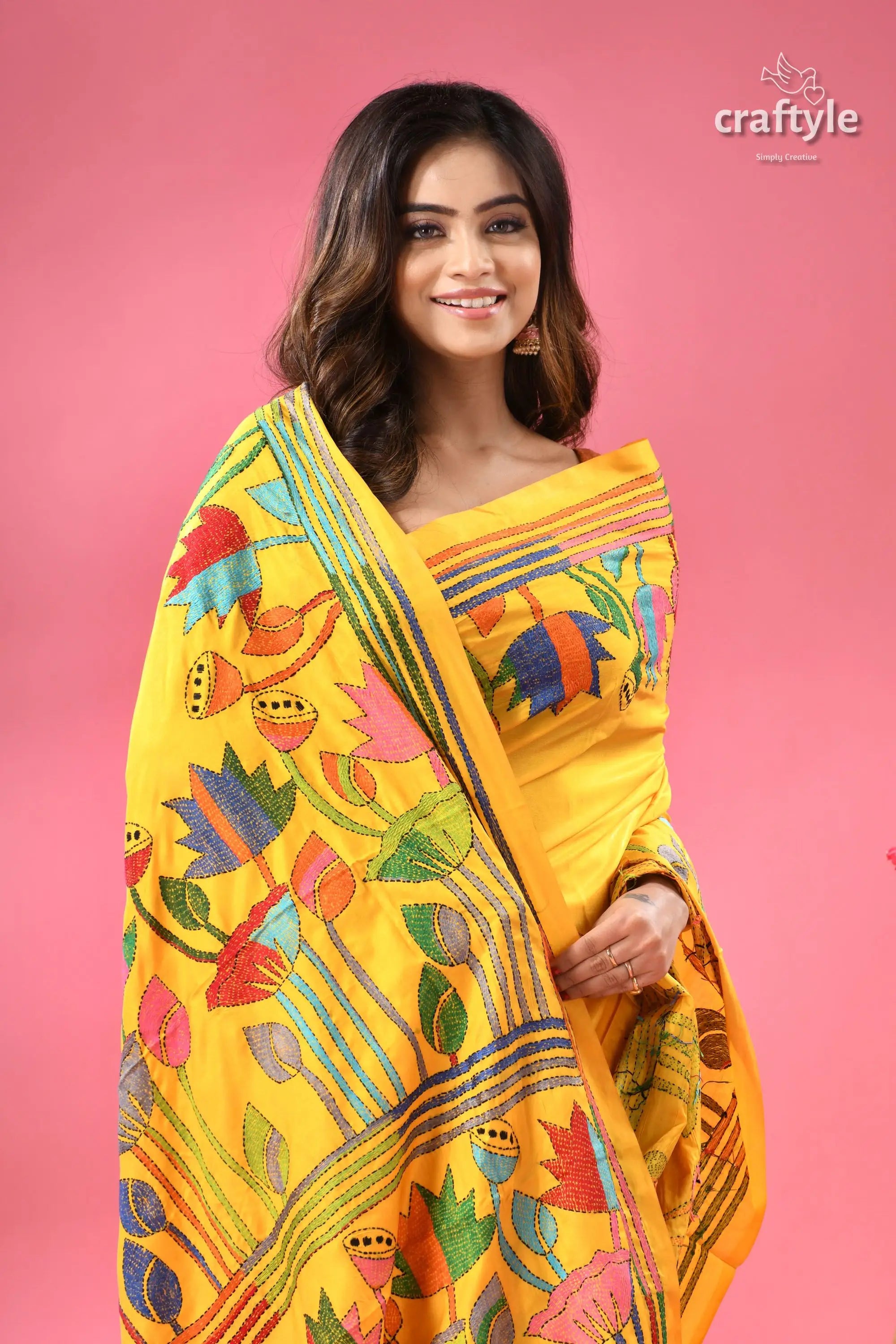 Corn yellow lotus motif bengal silk kantha stitch saree woman saree colorful floral 2