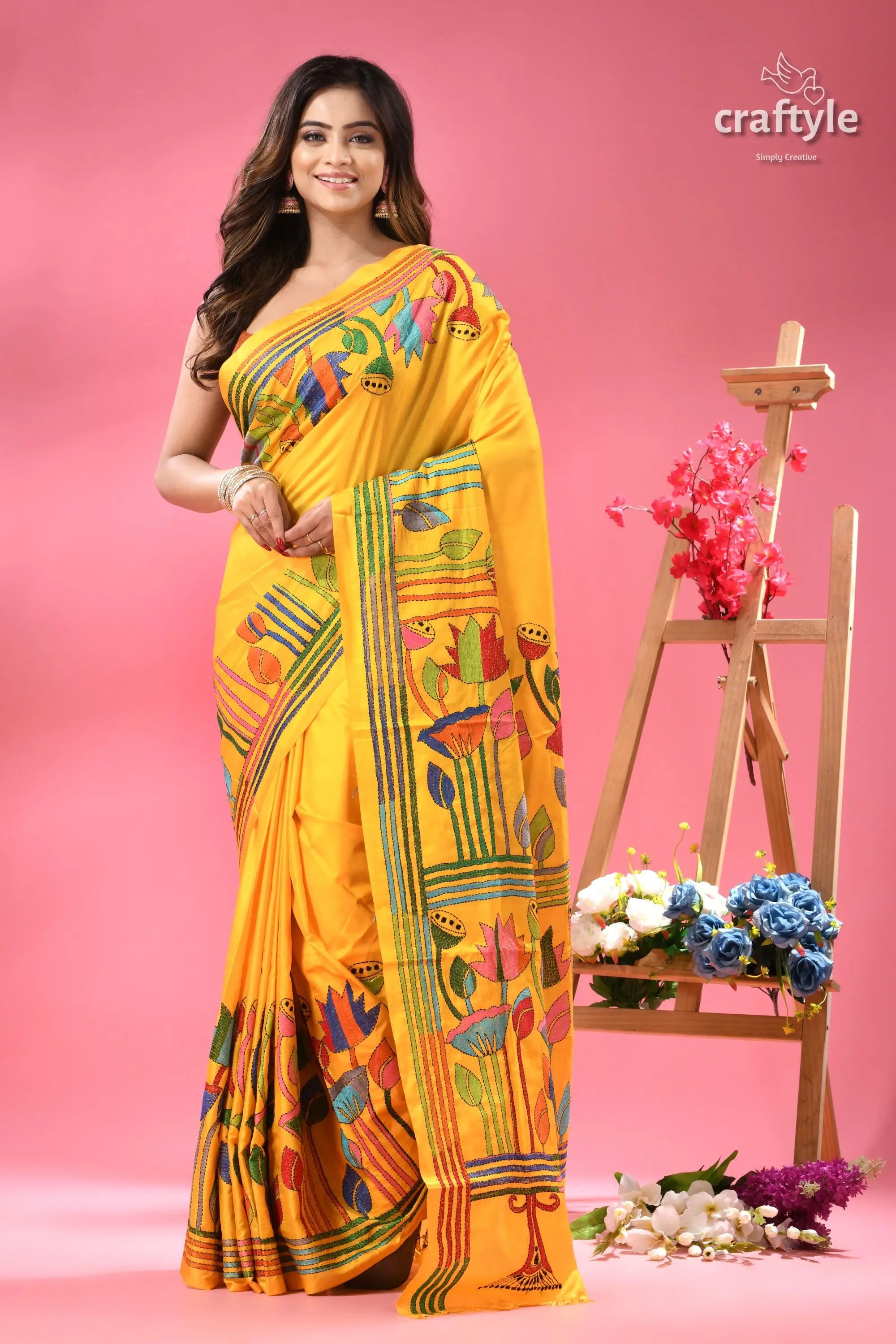 Corn yellow lotus motif bengal silk kantha stitch saree saree colorful floral abstract 6