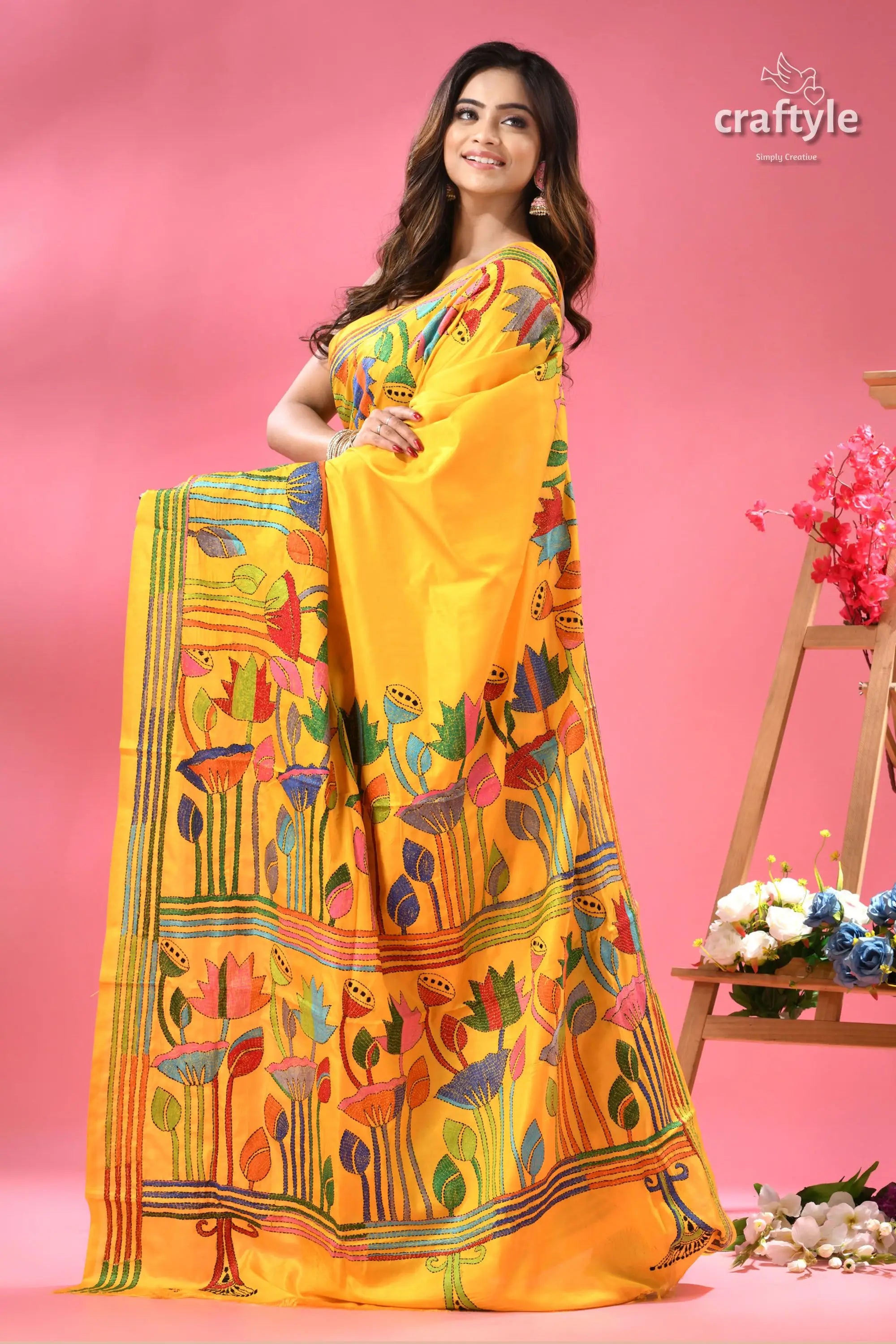 Corn yellow lotus motif bengal silk kantha stitch saree vibrant saree colorful floral 3