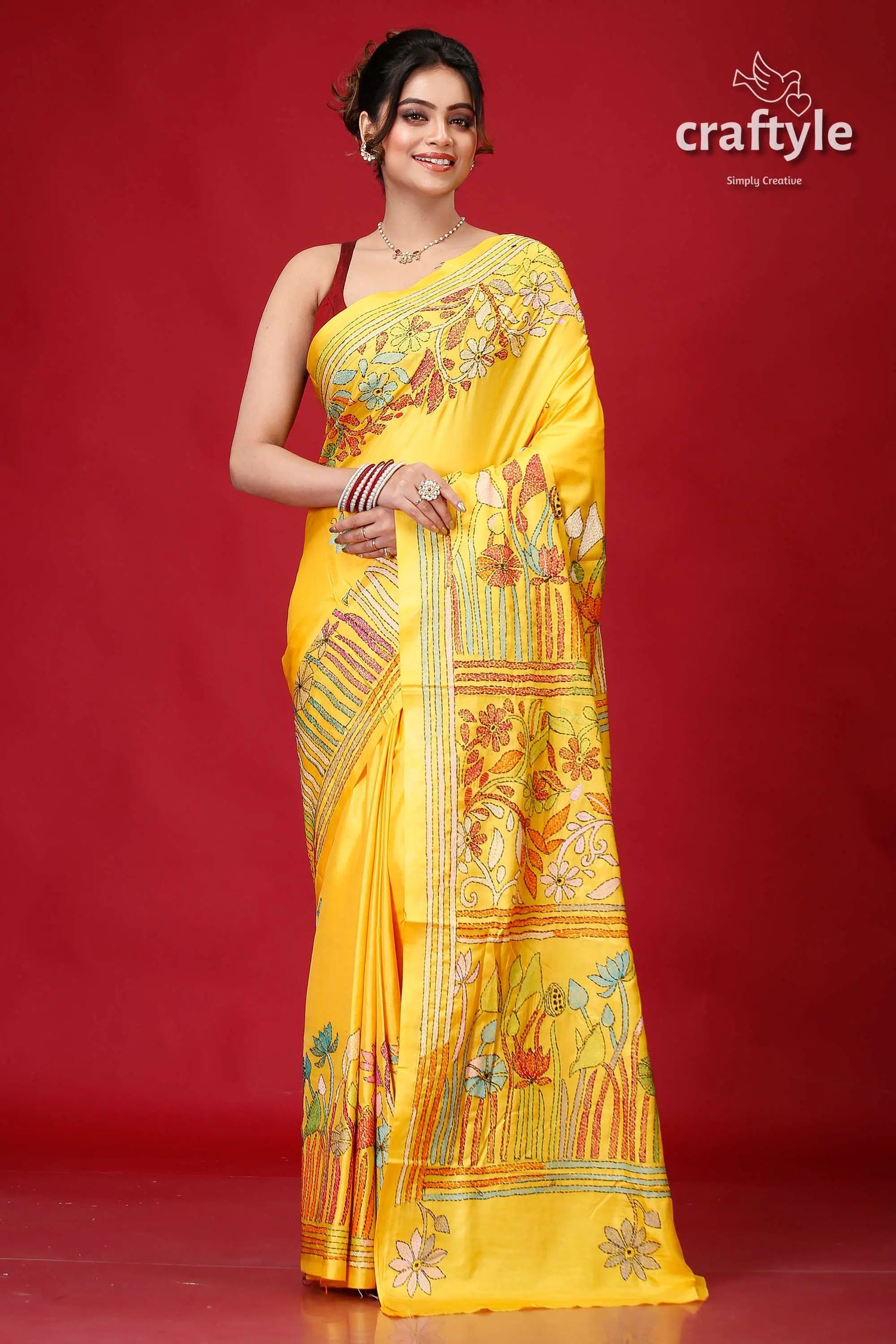 Corn yellow lotus motif exquisite kantha stitch saree yellow saree floral geometric patterns 1
