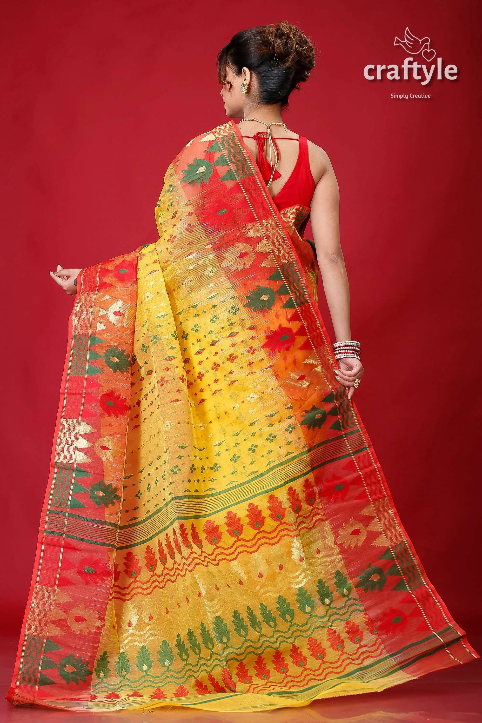Corn yellow red bengal handloom jamdani saree yellow red patterned saree 5