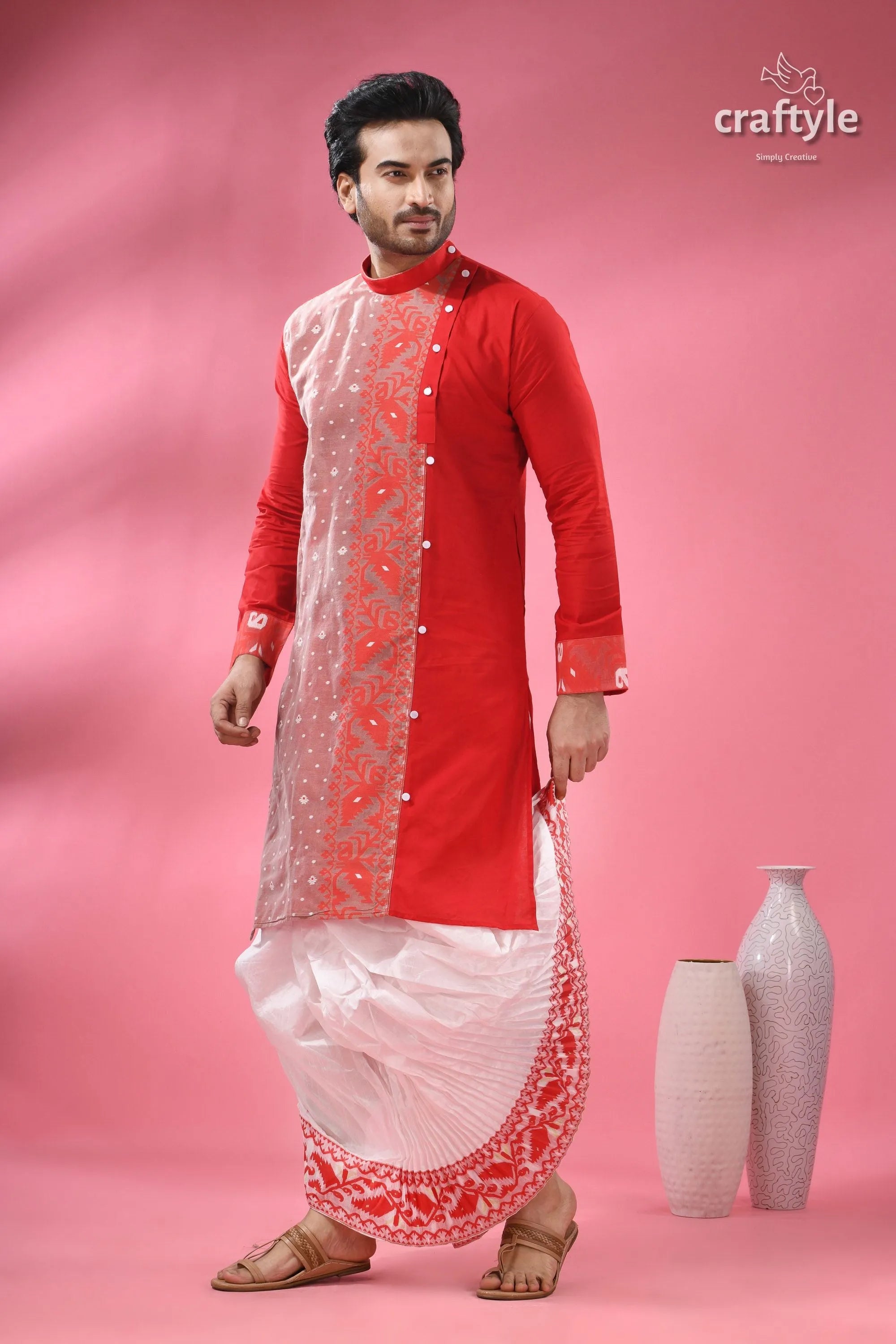 Cotton jamdani kurta for men - ethnic wear festivals red white patterned kurta set 4