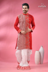 Cotton jamdani kurta for men ethnic wear festivals men’s red white festive kurta 5