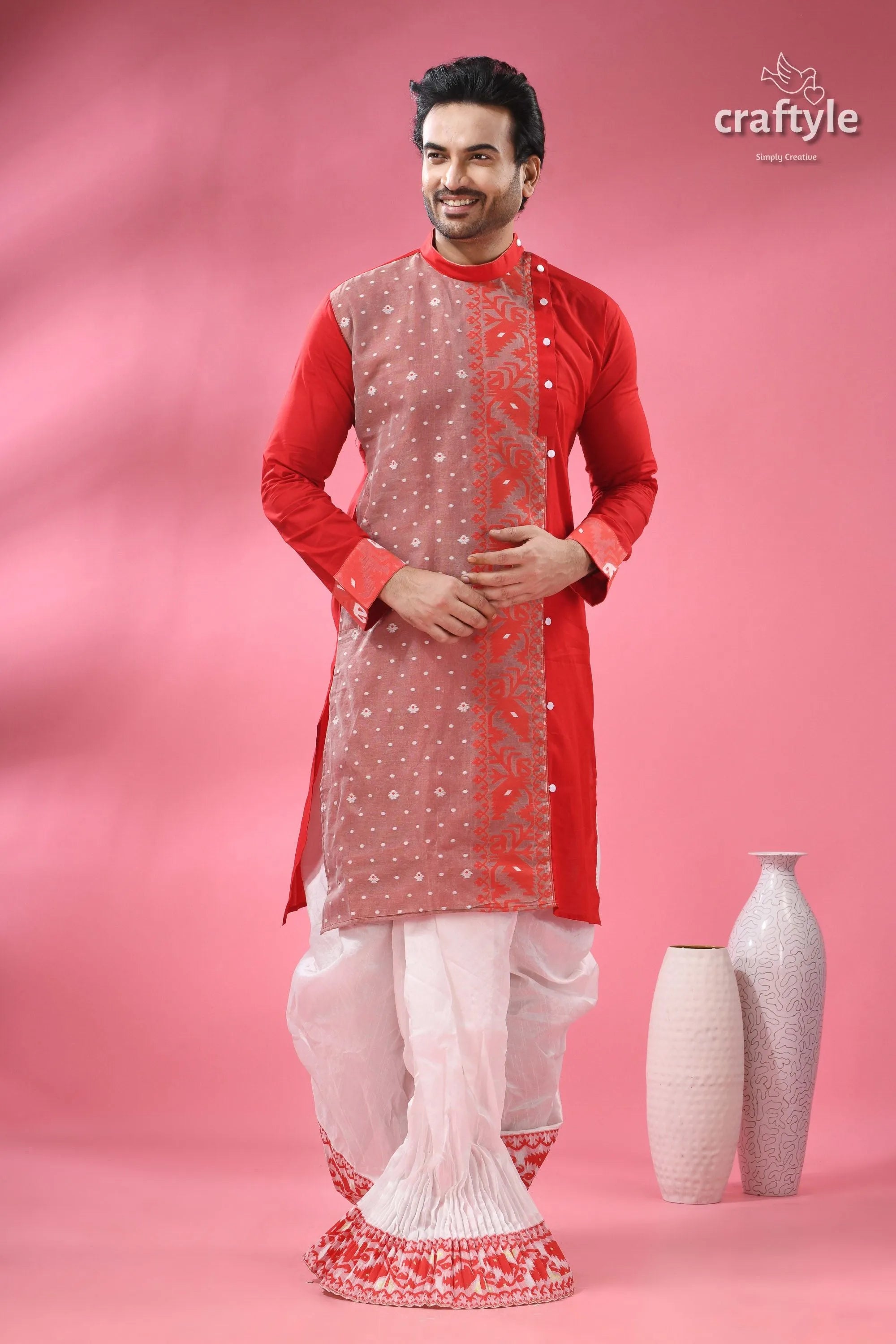 Cotton jamdani kurta for men - ethnic wear festivals men’s red white festive kurta 5