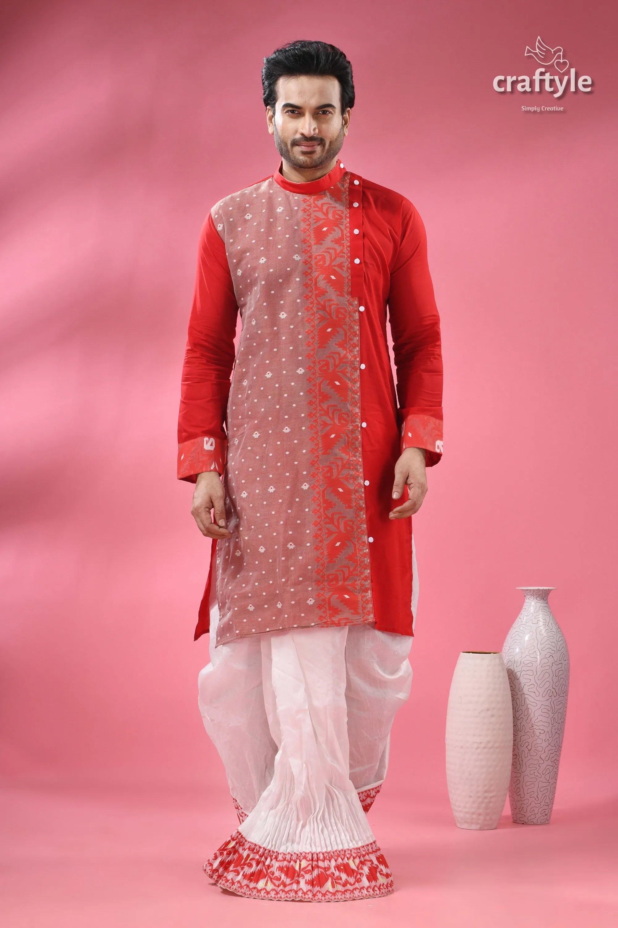 Cotton jamdani kurta for men - ethnic wear festivals men’s red white embroidered kurta 1
