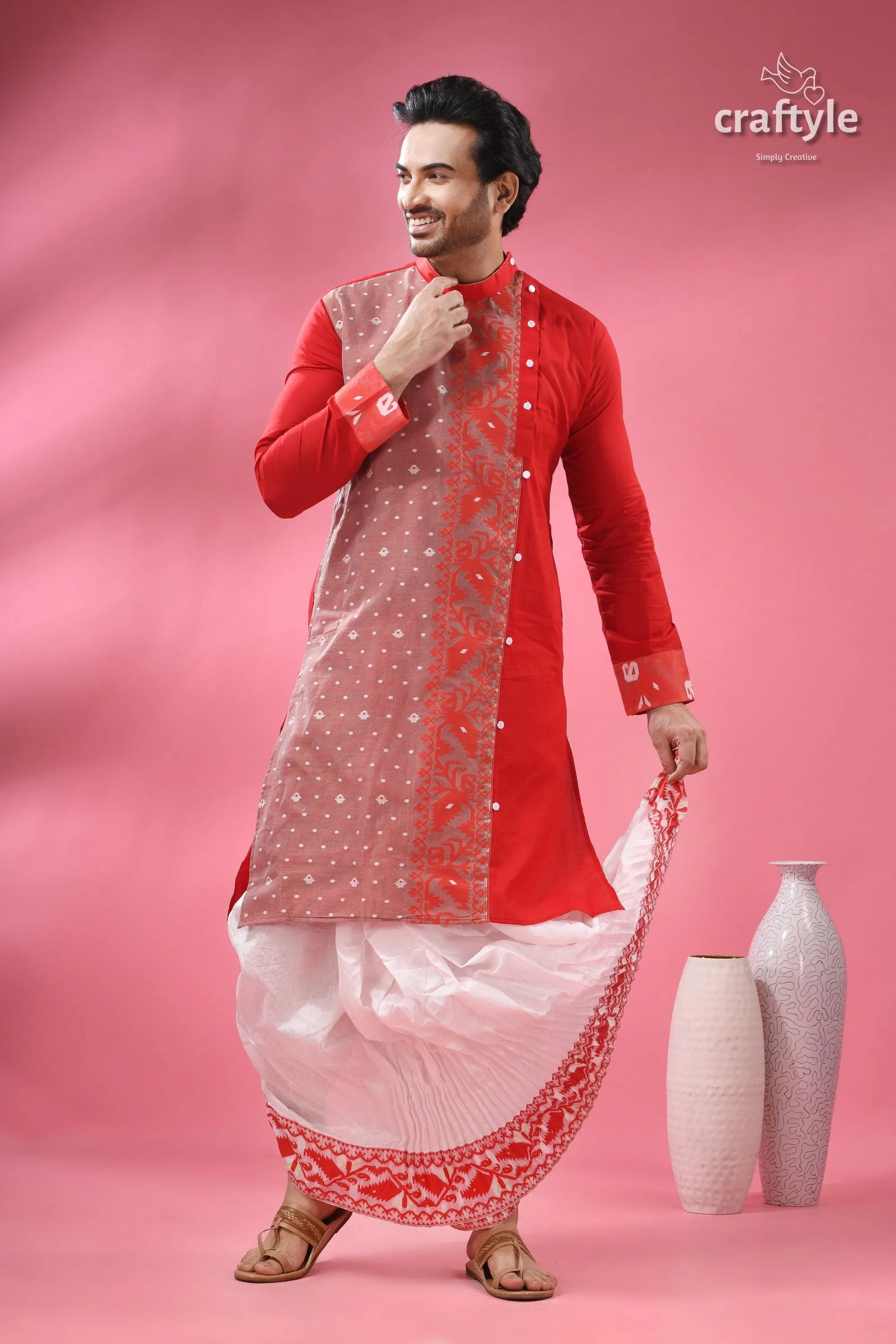 Cotton jamdani kurta for men - ethnic wear festivals men’s red white traditional indian 6