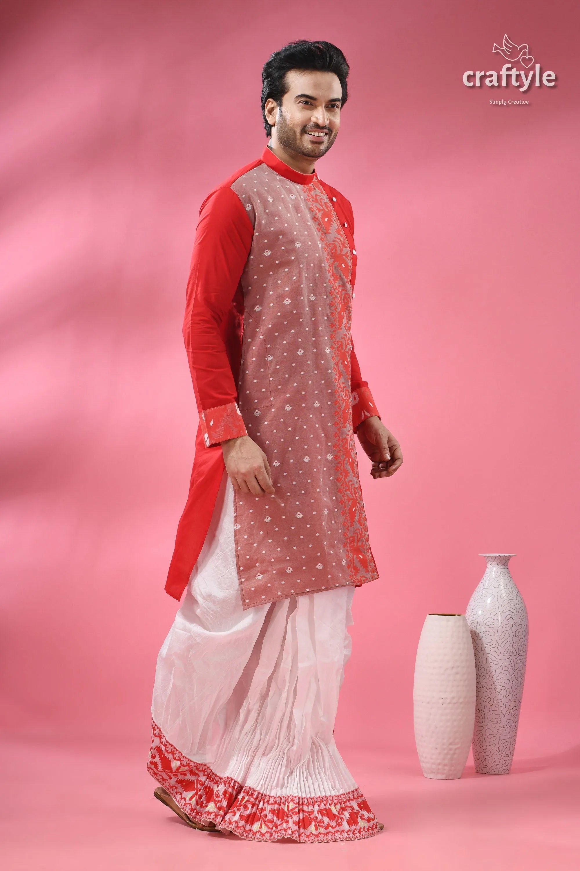 Cotton jamdani kurta for men - ethnic wear festivals man red white traditional indian 3
