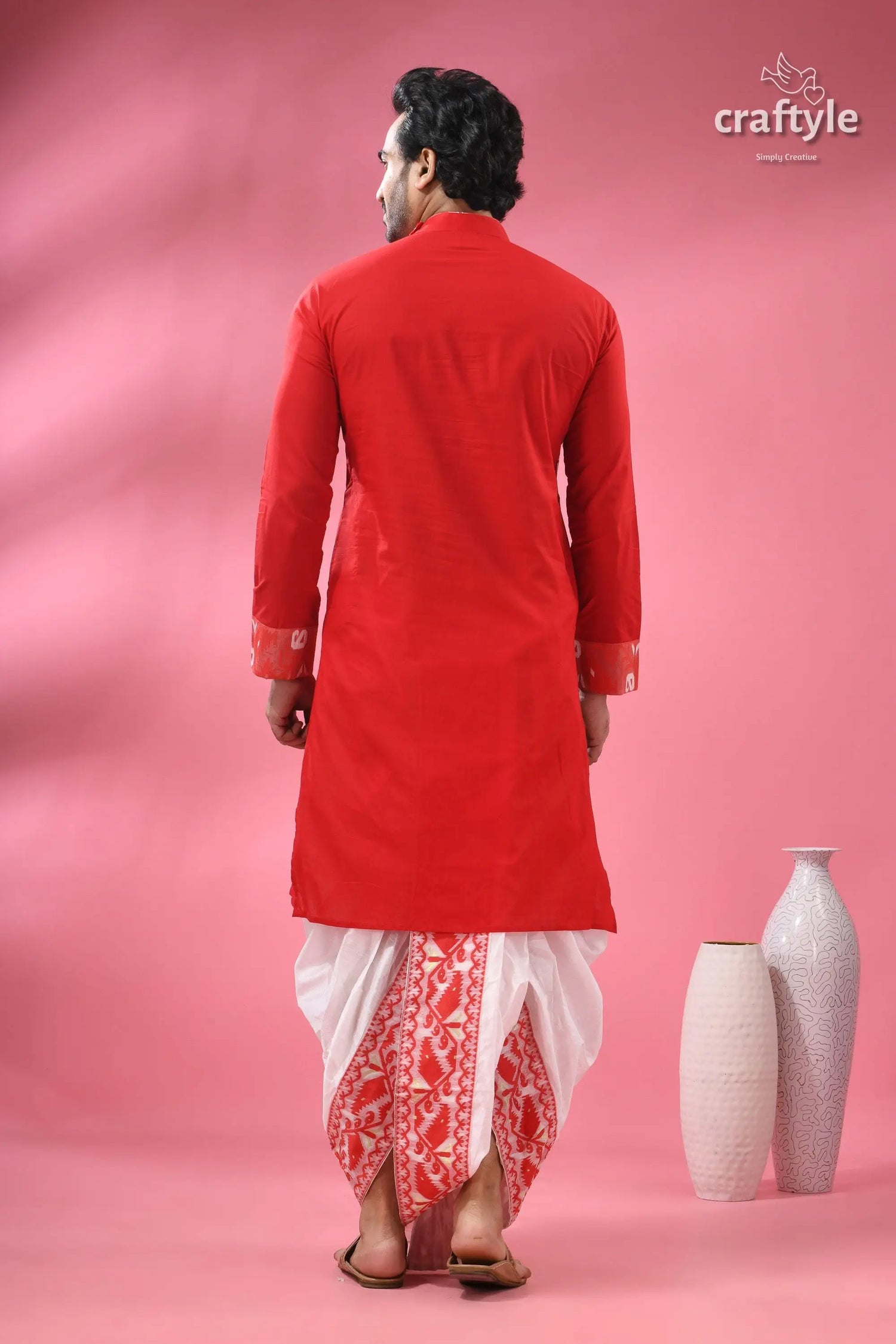 Cotton jamdani kurta for men ethnic wear festivals men’s red long sleeved kurta white 7