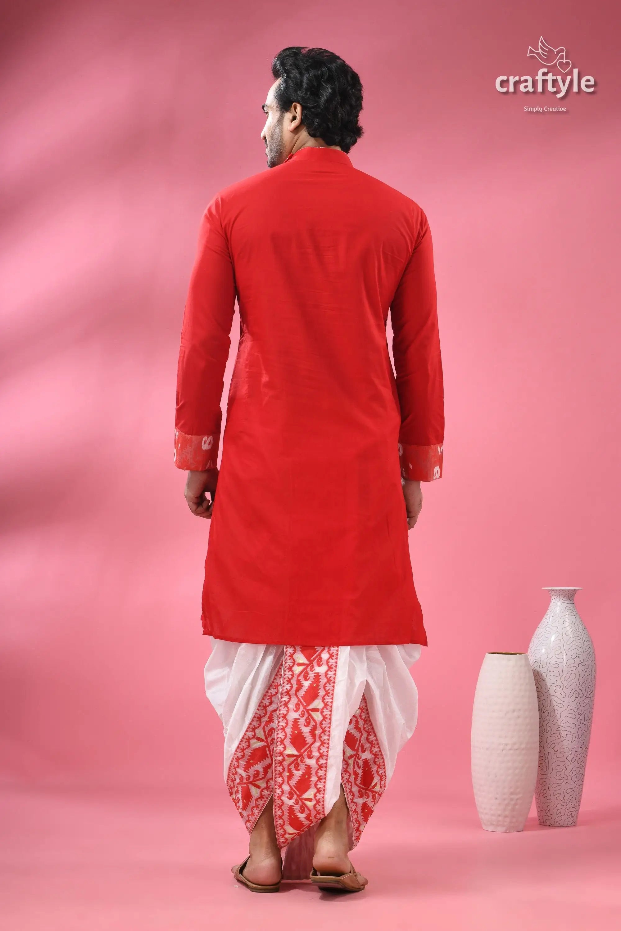 Cotton jamdani kurta for men ethnic wear festivals men’s red long sleeved kurta white 7