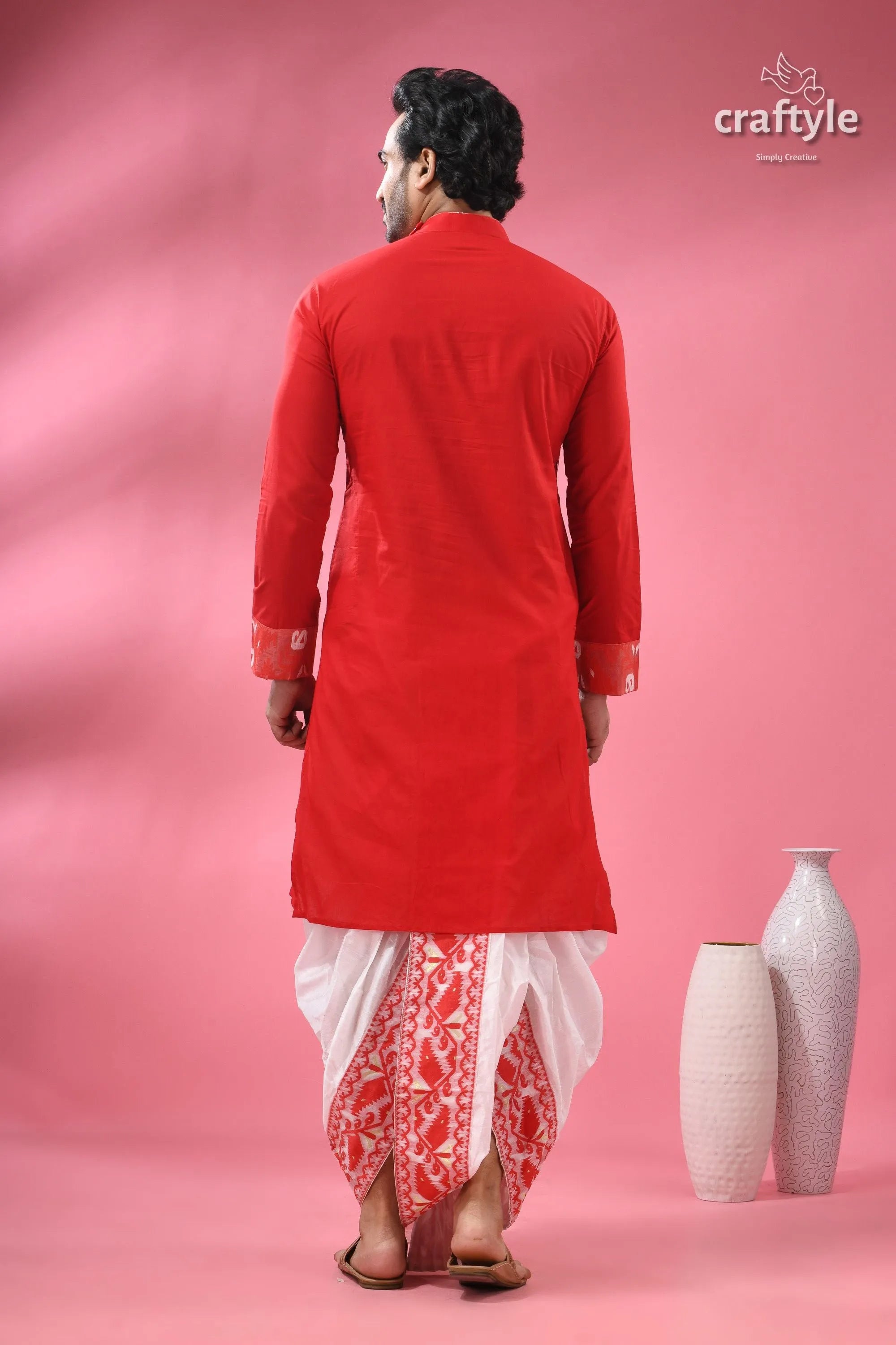Cotton jamdani kurta for men - ethnic wear festivals men’s red long-sleeved kurta white 7
