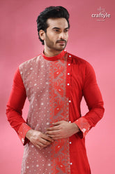 Cotton jamdani kurta for men ethnic wear festivals men’s red patterned kurta mandarin 2