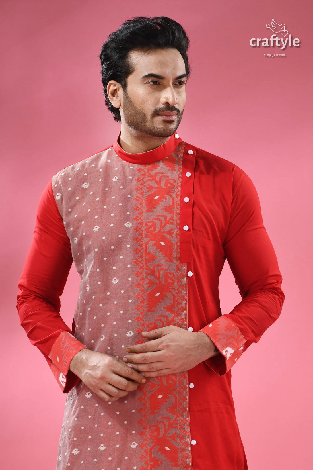 Cotton jamdani kurta for men - ethnic wear festivals men’s red patterned kurta mandarin 2