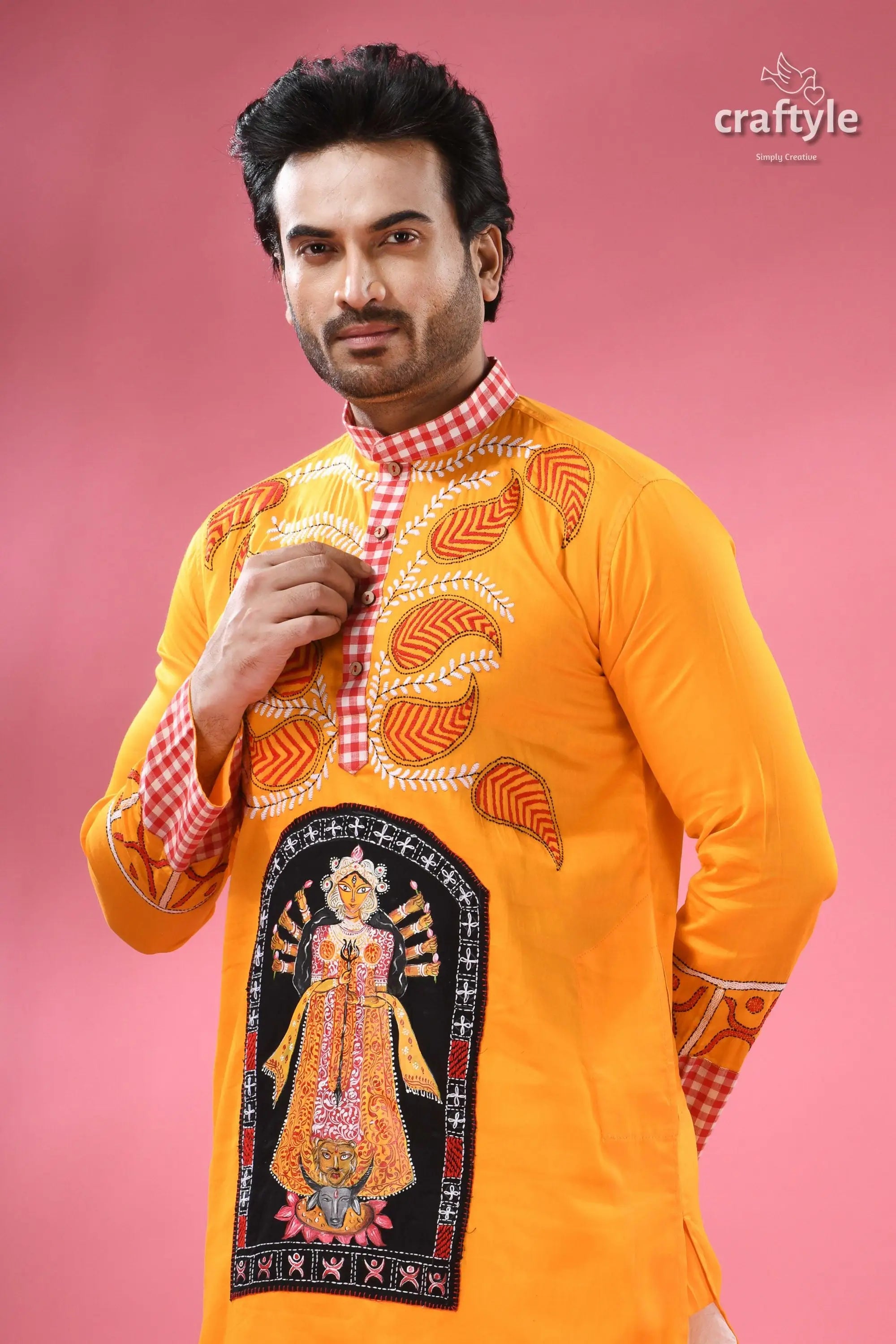 Cotton kantha embroidered punjabi for men hand painted ma durga men’s yellow kurta intricate embroidery 2
