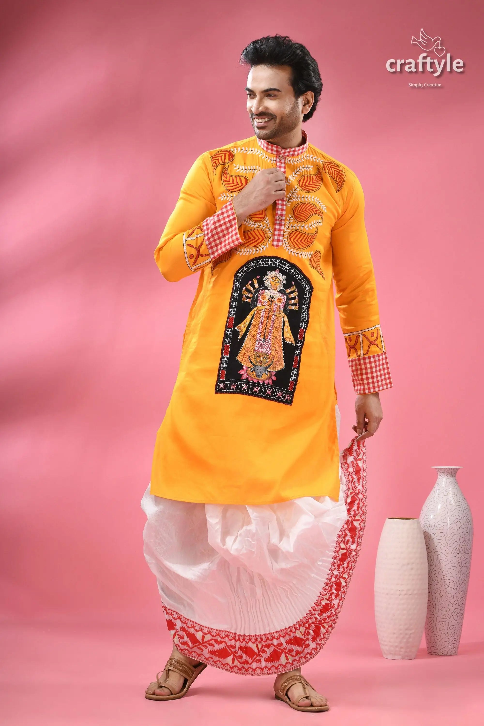 Cotton kantha embroidered punjabi for men hand painted ma durga men’s yellow embroidered kurta white 1