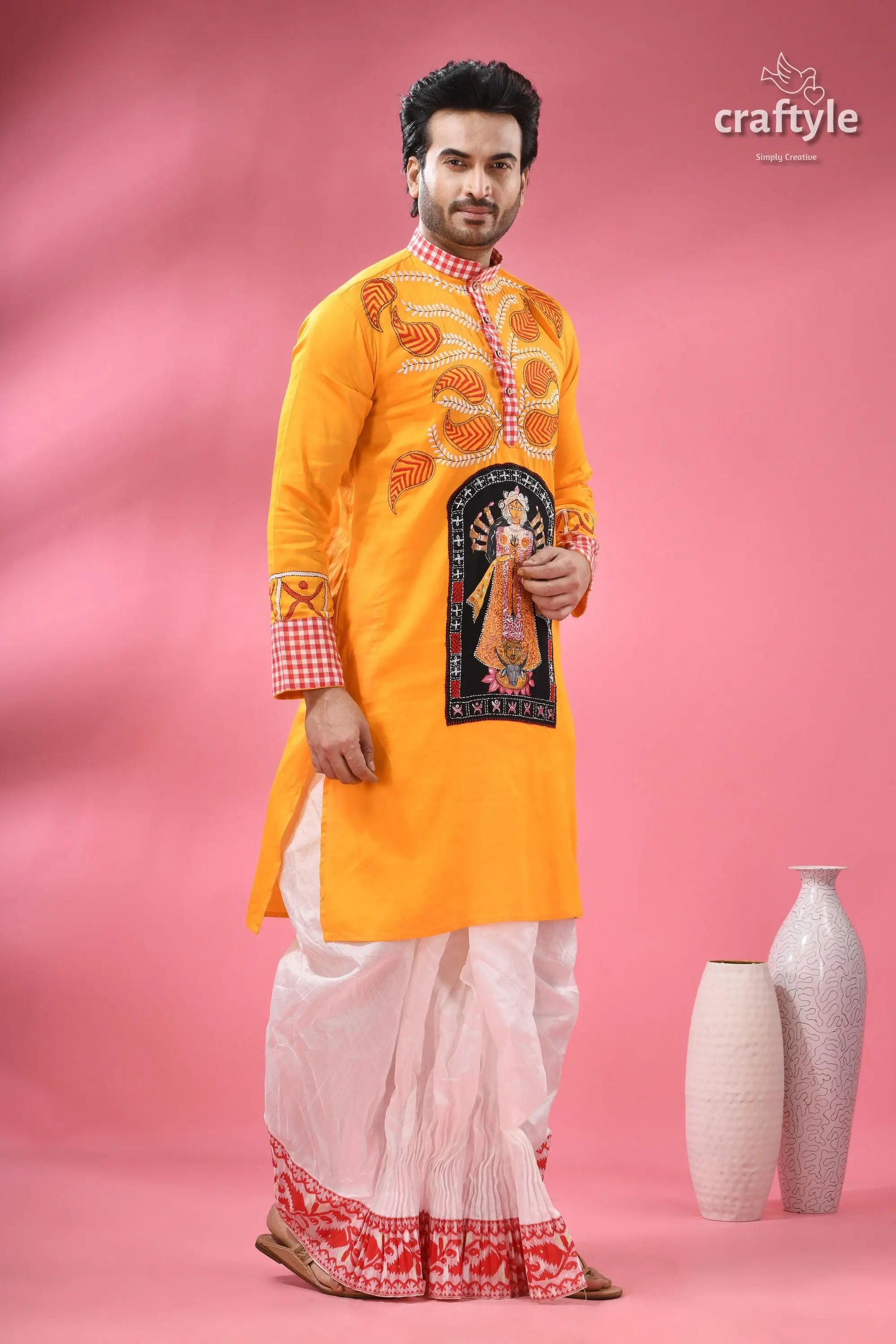 Cotton kantha embroidered punjabi for men hand painted ma durga man’s festive yellow kurta goddess 6