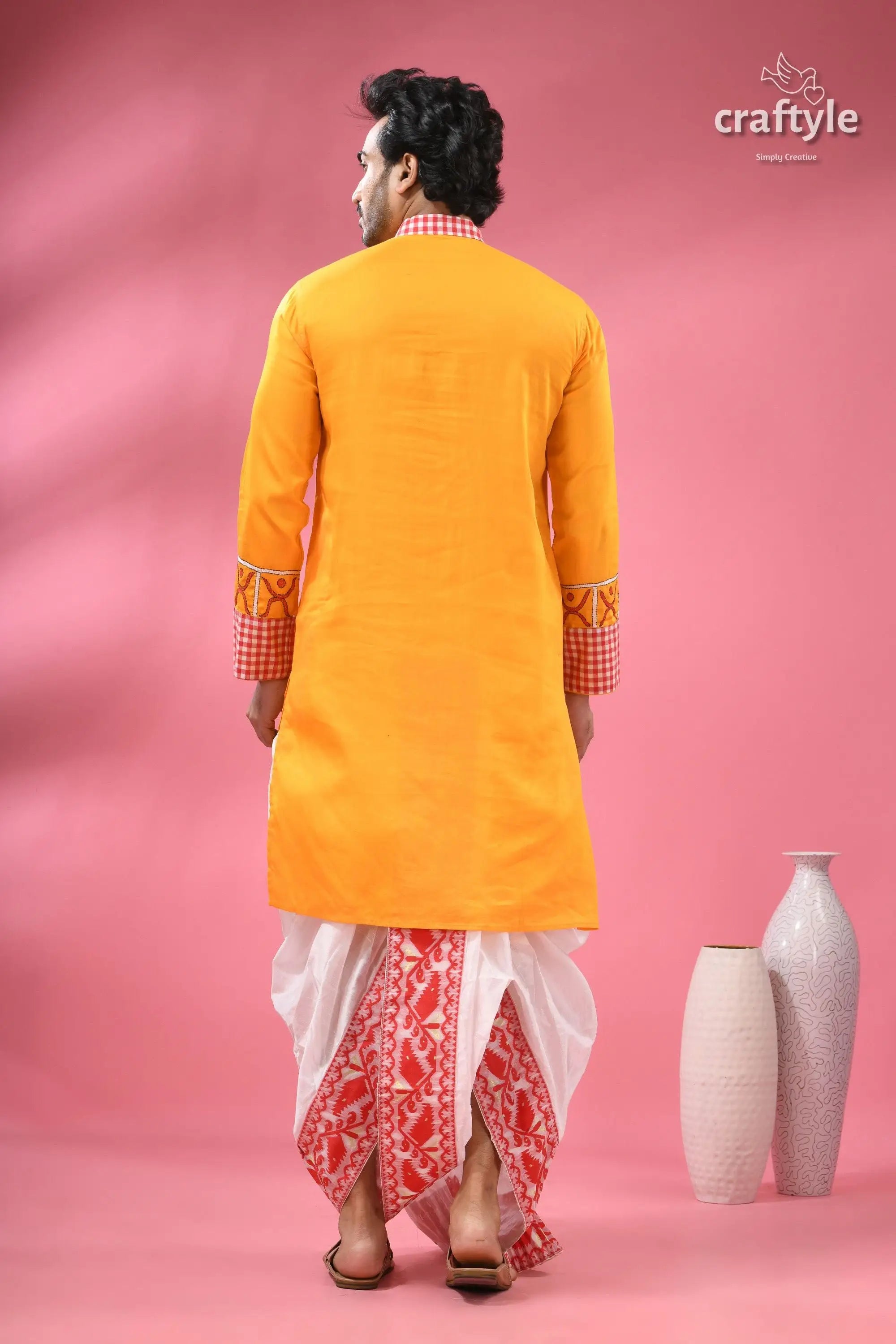 Cotton kantha embroidered punjabi for men hand painted ma durga man’s traditional indian outfit bright 8