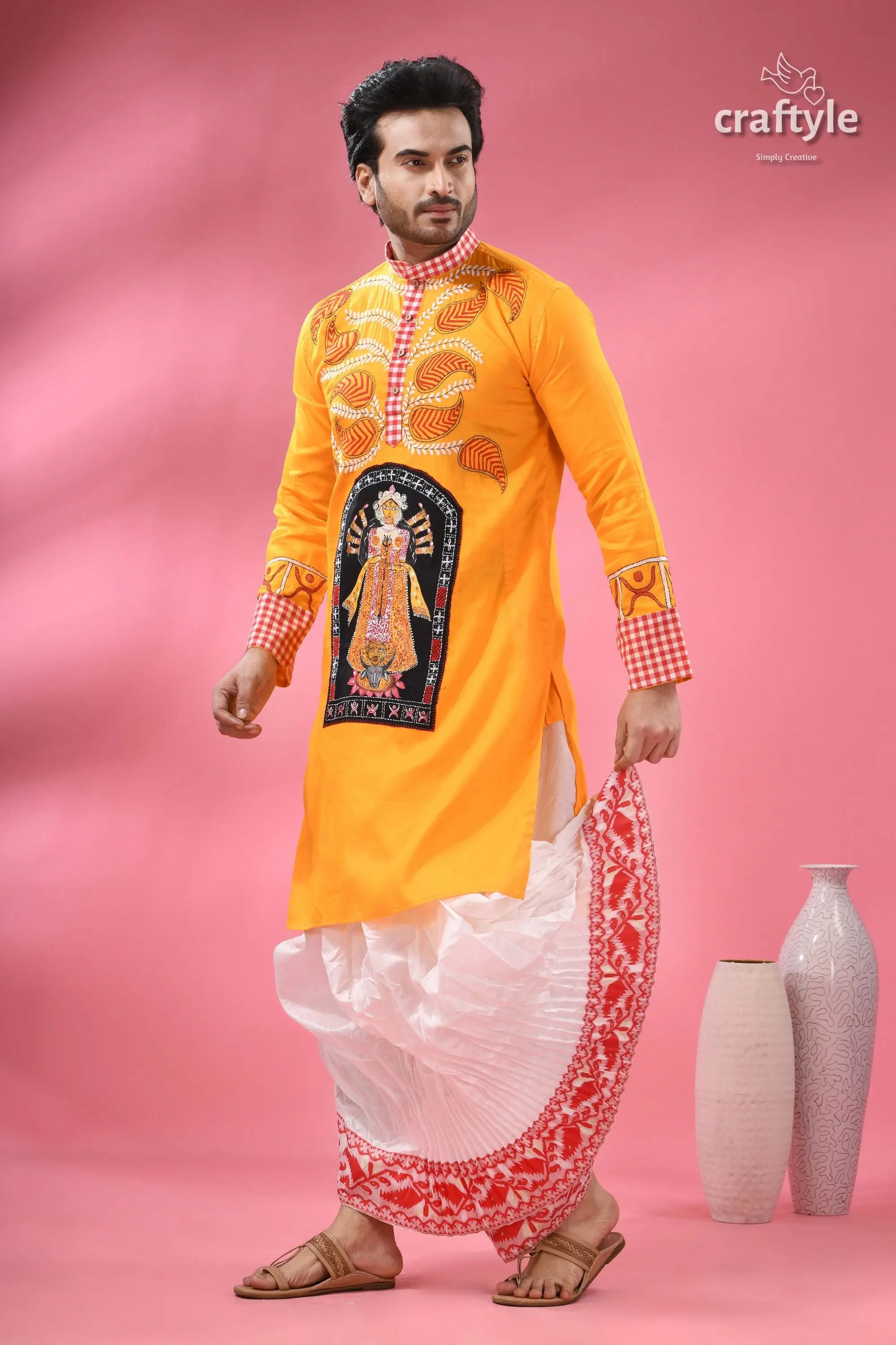 Cotton kantha embroidered punjabi for men hand painted ma durga men’s yellow kurta black embroidered 7