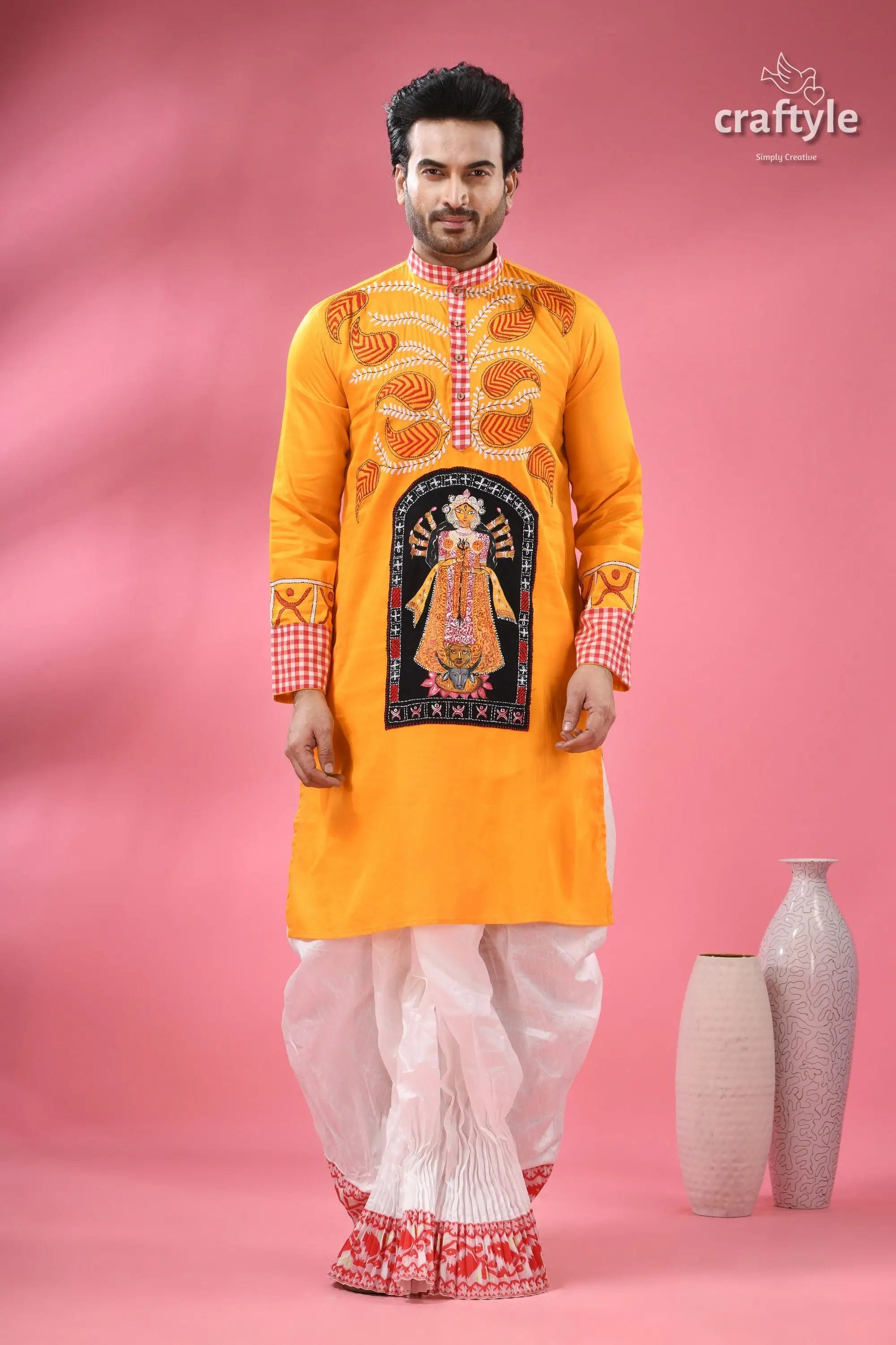 Cotton kantha embroidered punjabi for men hand painted ma durga men’s yellow kurta black orange 5