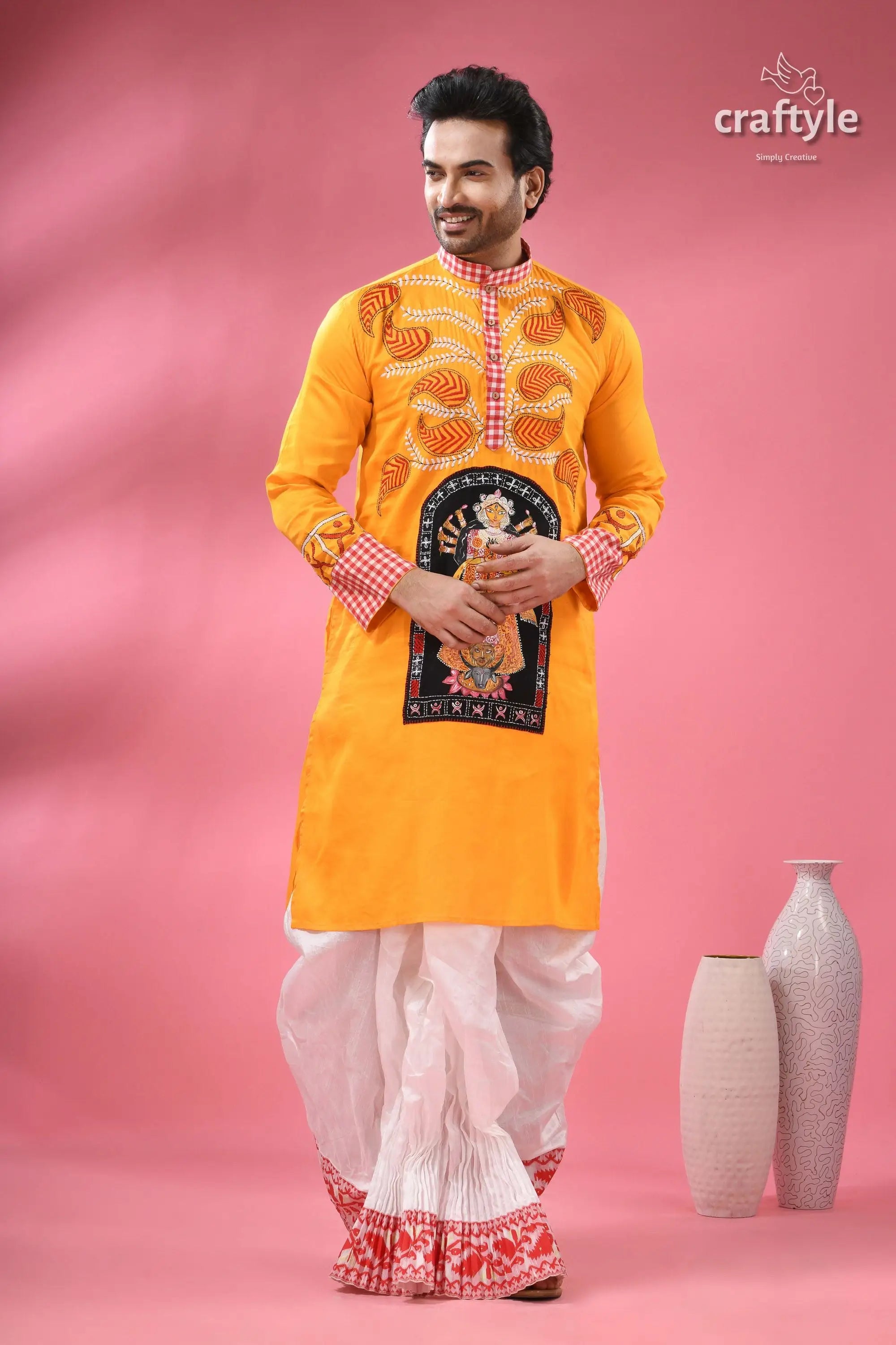 Cotton kantha embroidered punjabi for men hand painted ma durga men’s yellow kurta durga devi 3