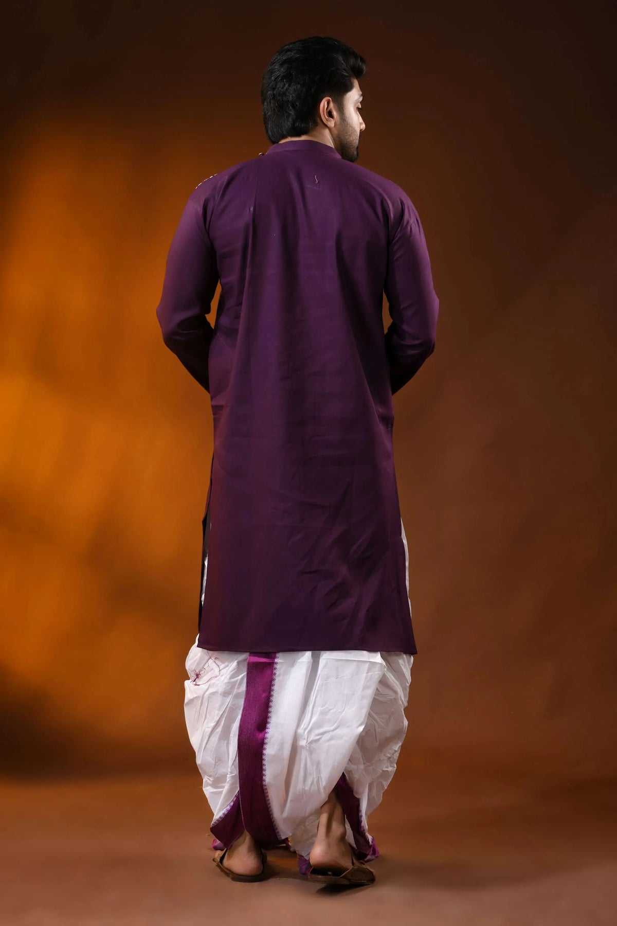 Cotton kantha embroidered wine kurta for men with geometric motif 5