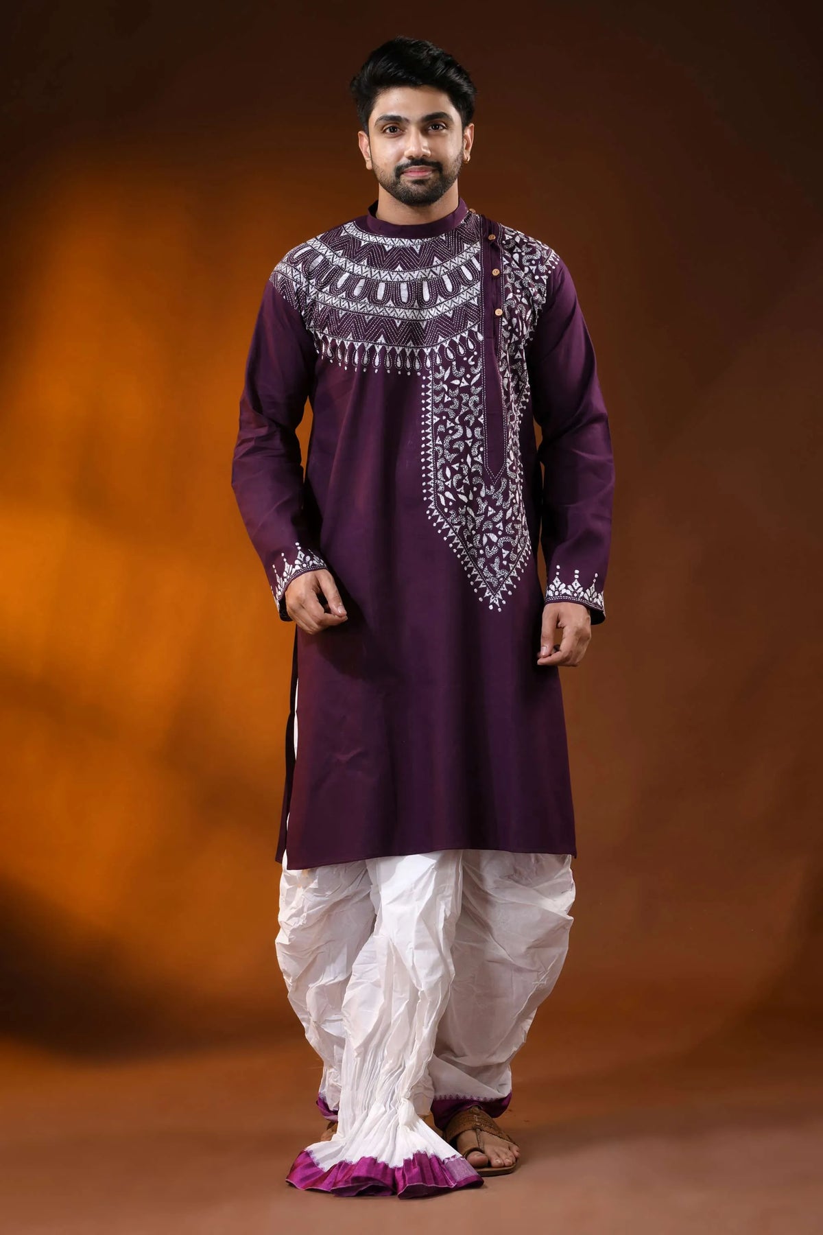 Cotton kantha embroidered wine kurta for men with geometric motif 1