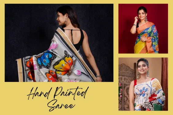 Collage of women wearing hand-painted sarees