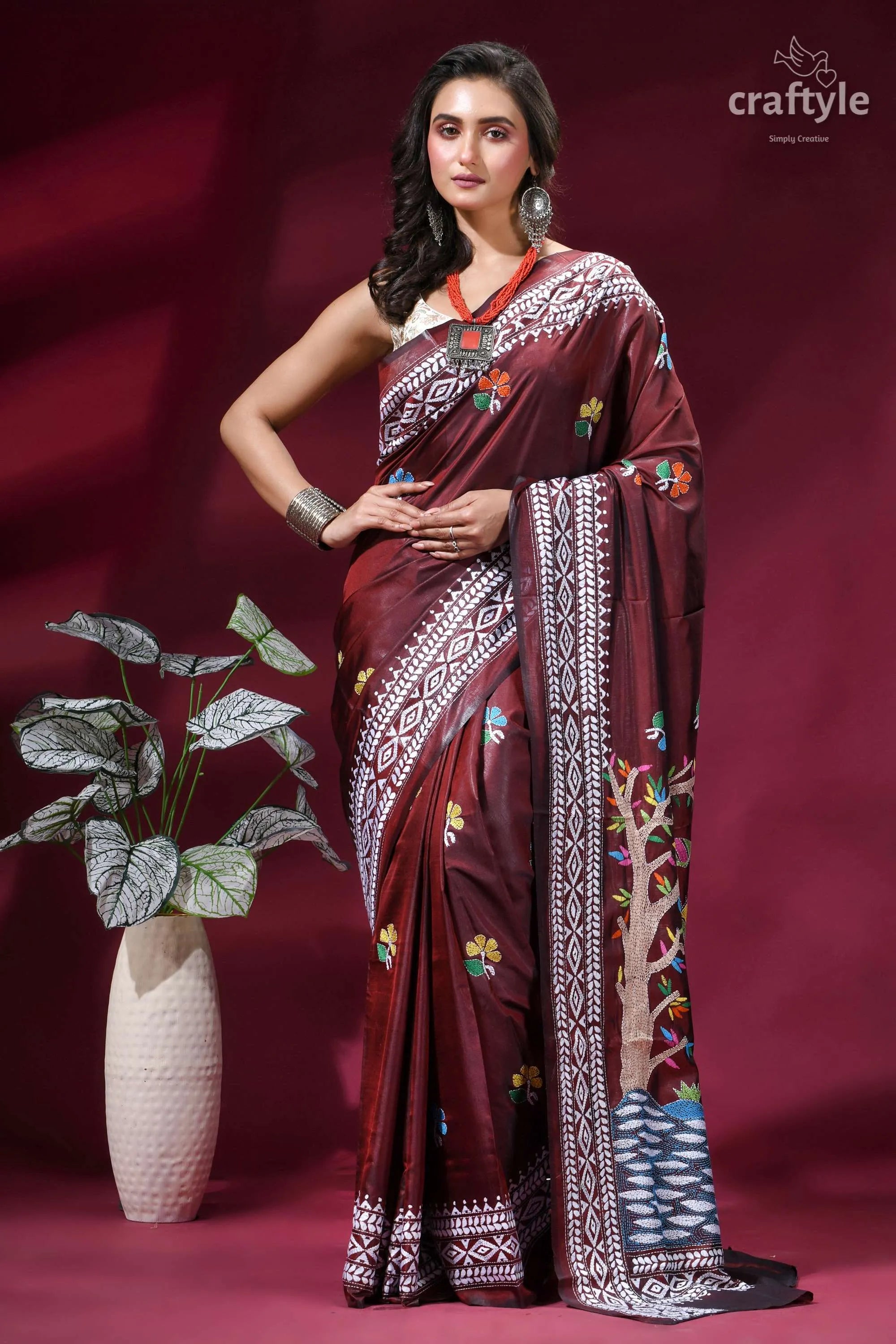 Crater brown designer silk kantha stitch saree - mythology theme maroon silk saree intricate white 5