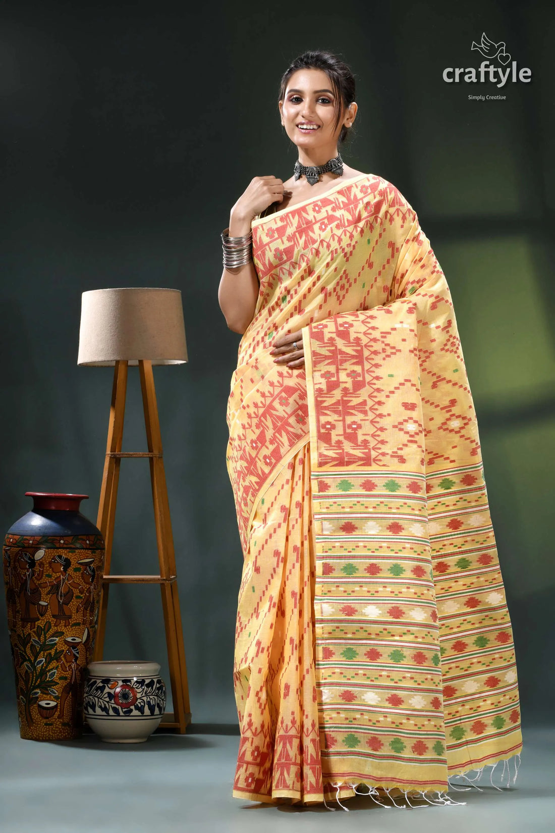 Crayola yellow traditional cotton jamdani saree orange ikat intricate 1