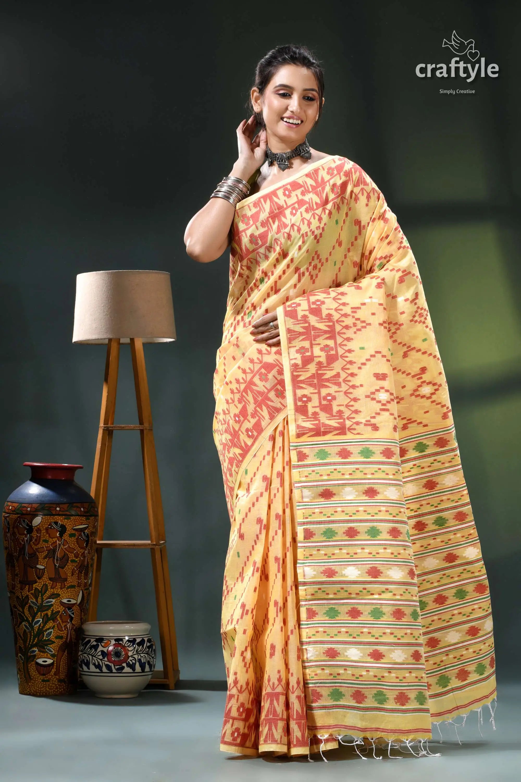 Crayola yellow traditional cotton jamdani saree yellow orange saree intricate floral 6