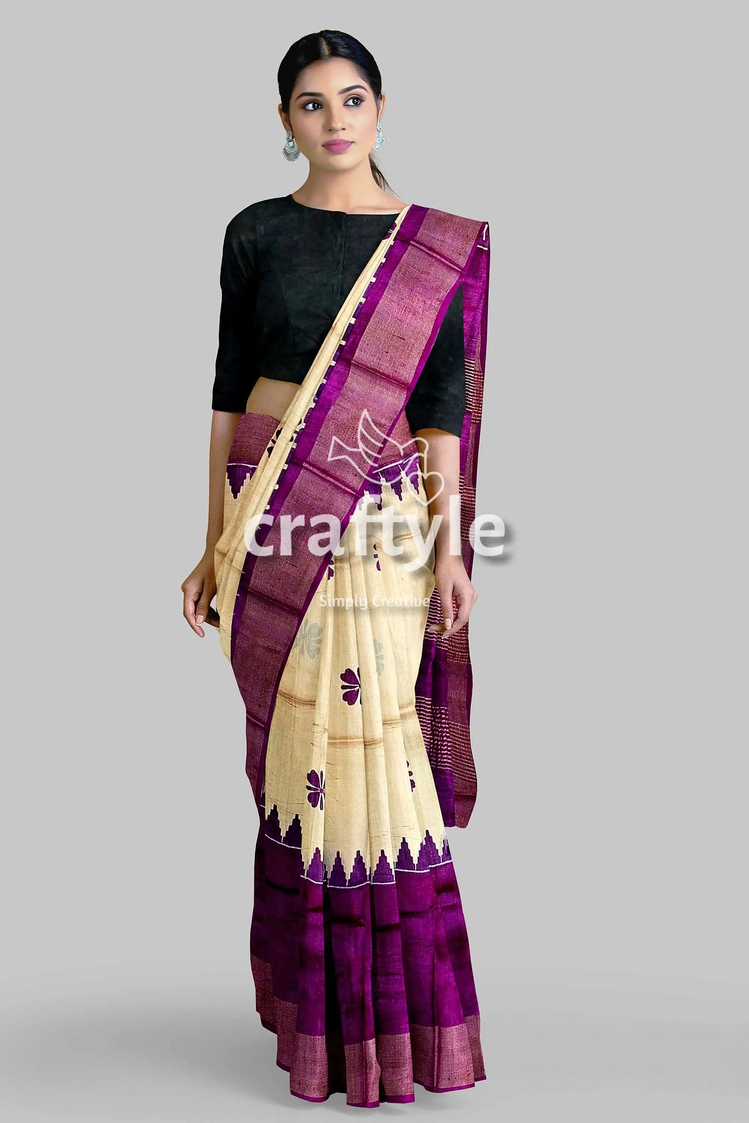 Cream and eminence purple pure zari tussar saree - block print design woman cream purple saree 3