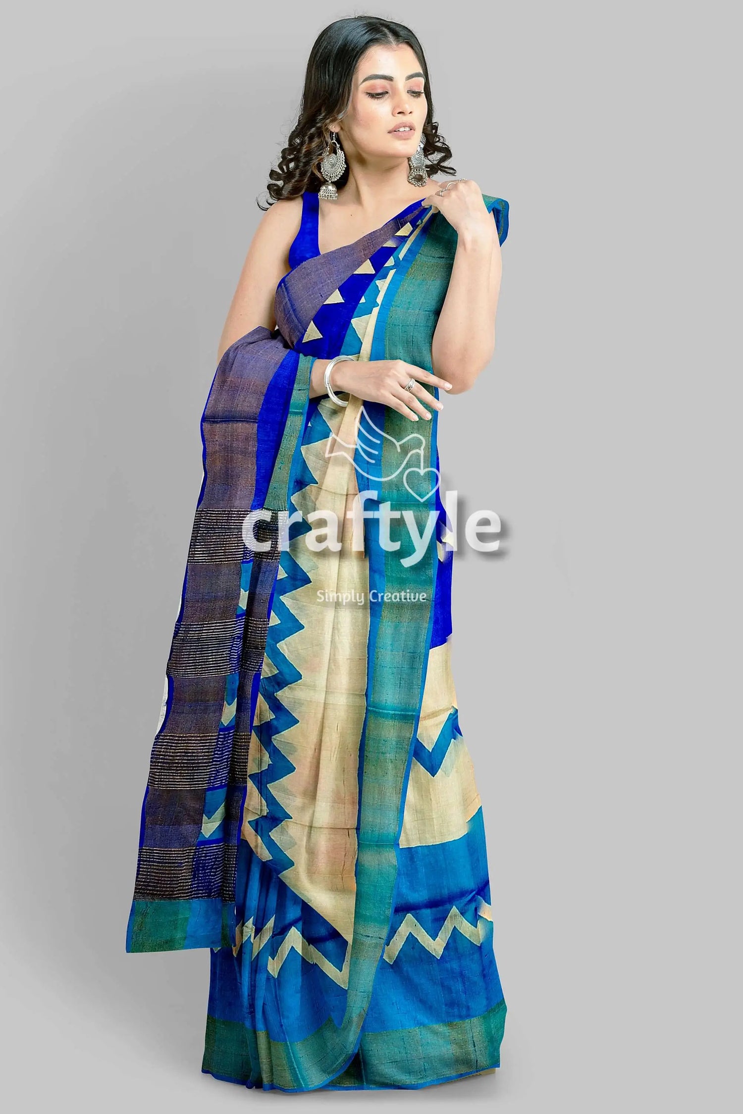 Cream blue hand block print pure tussar saree with zari border blue beige patterned saree 3