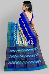 Cream blue hand block print pure tussar saree with zari border blue beige patterned saree 6