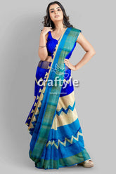 Cream blue hand block print pure tussar saree with zari border blue beige patterned saree 5