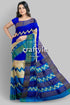 Cream blue hand block print pure tussar saree with zari border blue beige patterned saree 1