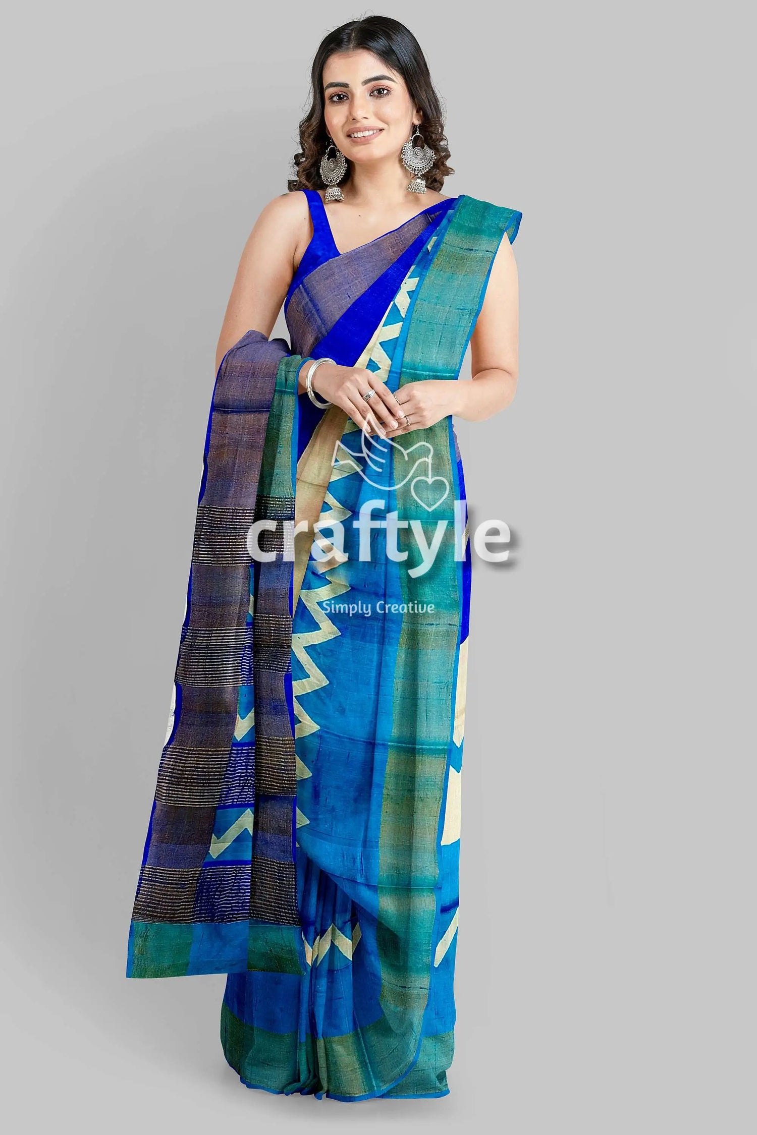 Cream blue hand block print pure tussar saree with zari border woman blue cream saree 4