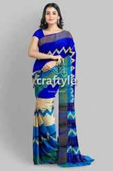 Cream blue hand block print pure tussar saree with zari border blue beige patterned saree 2