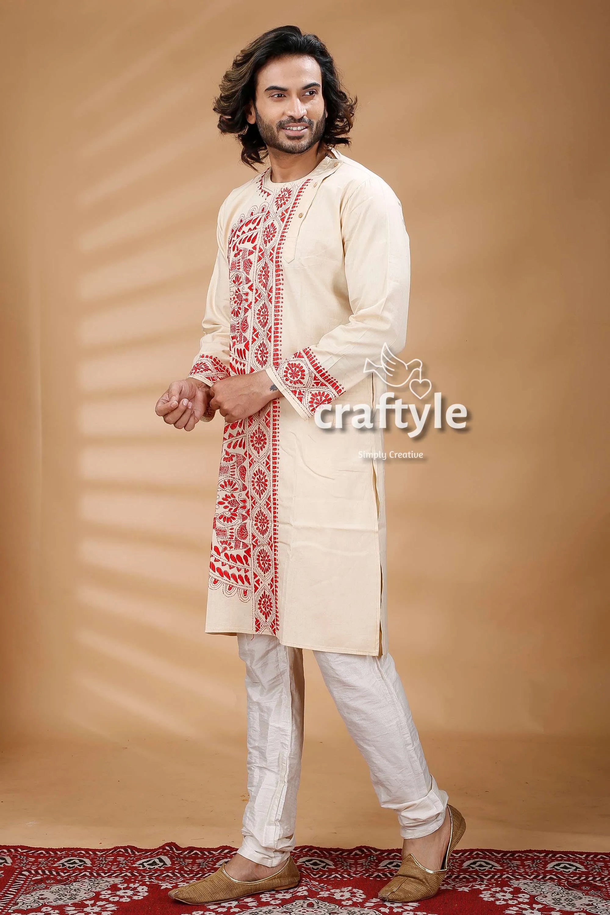 Cream color kantha stitch embroidered cotton kurta for men cream-colored intricate red embroidery 3