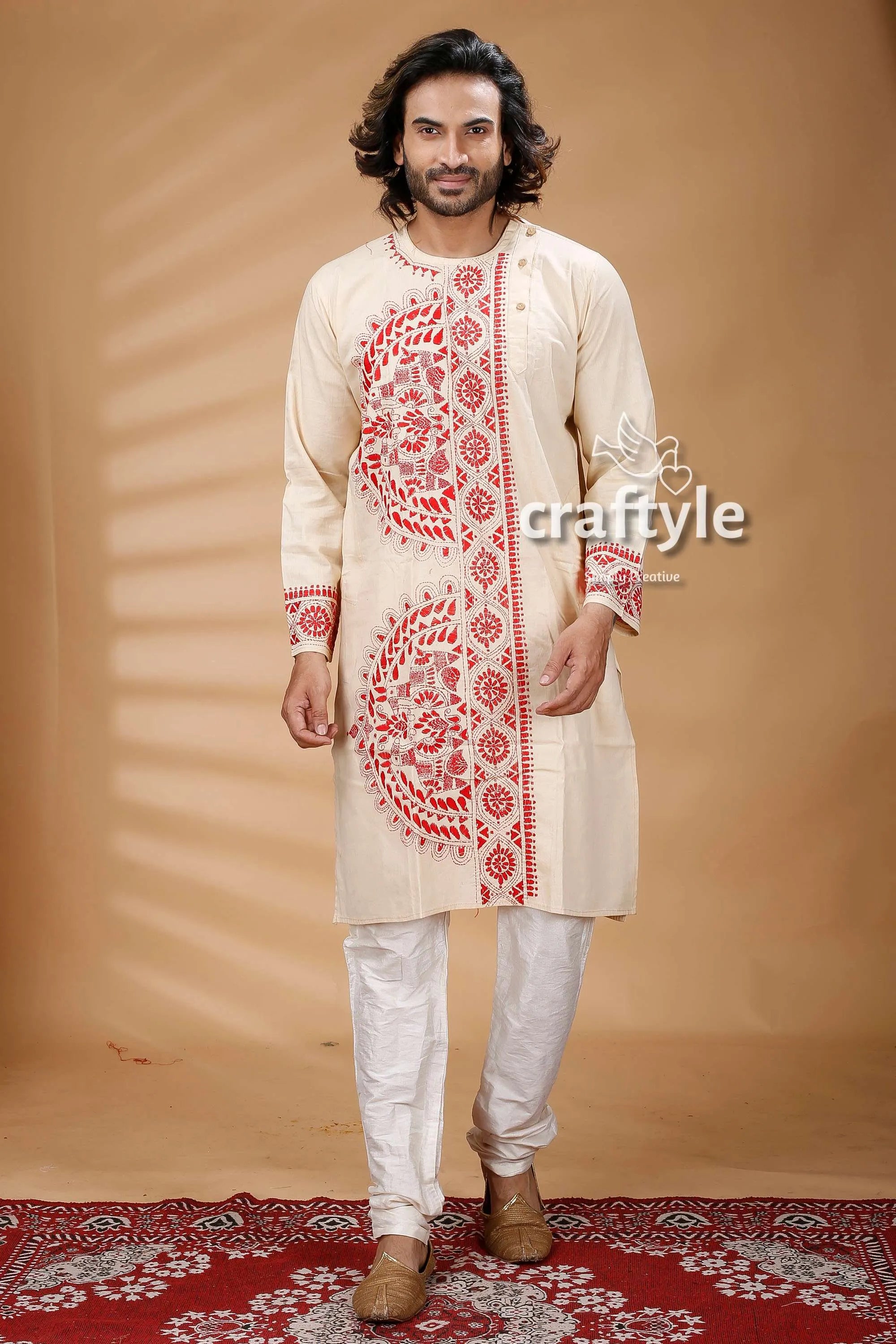 Cream color kantha stitch embroidered cotton kurta for men cream-colored intricate red embroidery 1