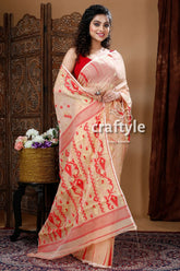Cream custard color traditional jamdani saree peach-colored saree red floral patterns 2
