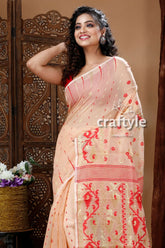Cream custard color traditional jamdani saree peach-colored saree red floral embroidery 3